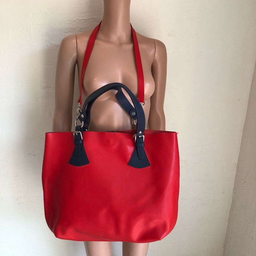 PULICATI Red Leather Shoulder Crossbody Tote Bag Navy Accents Made In Italy